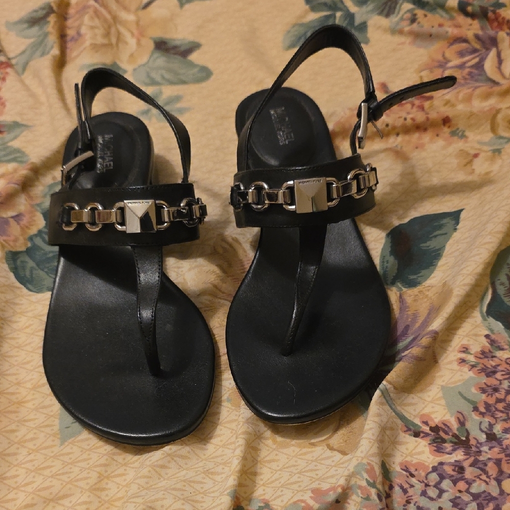 Michael Kors Black Thong Sandals with Gold Chain Accent